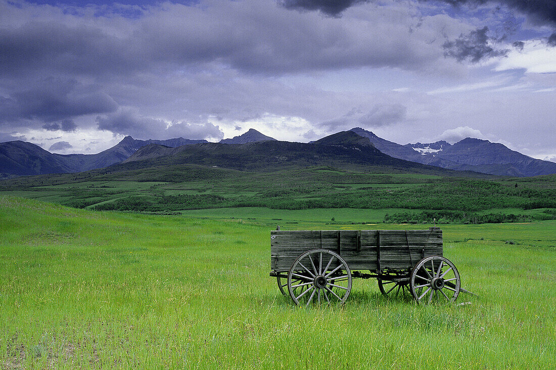 Old wagon and Rocky Mountains near Twin Butte, Alberta Canada