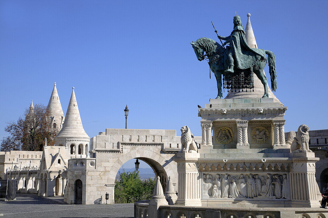 Fishermen's Bastion, St Stephen statue. Budapest. Hungary.
