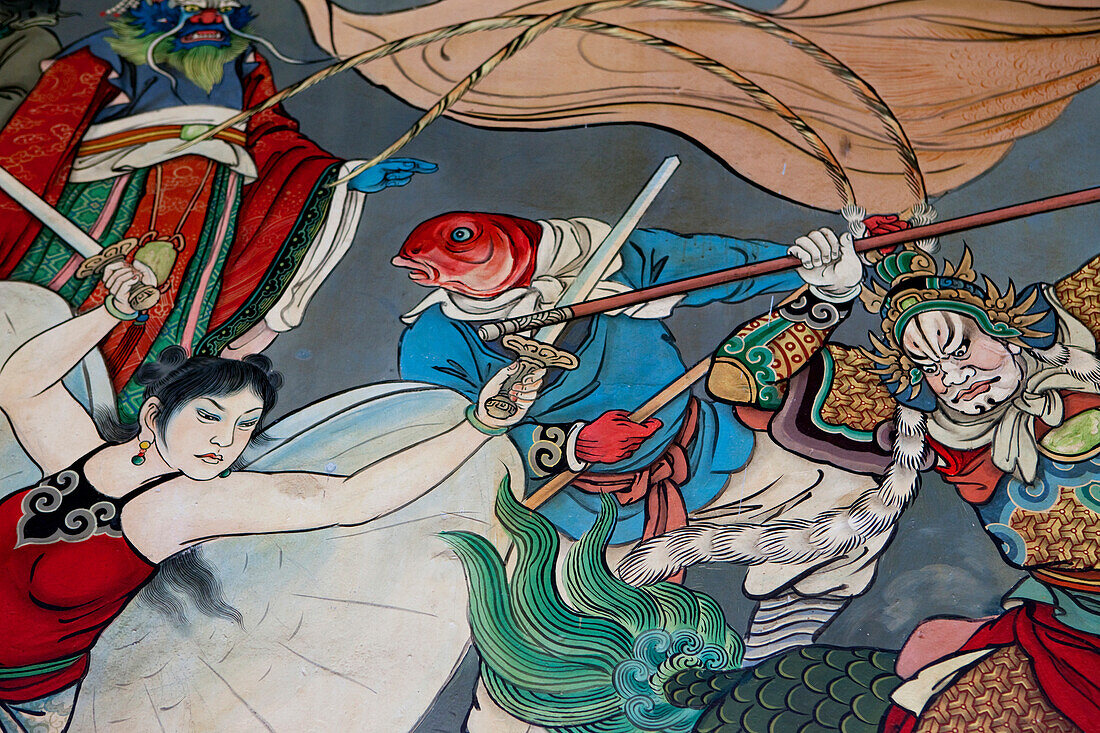 Mural painting in taoist Bao-an Temple, Shida district, Taipei, Taiwan, Asia