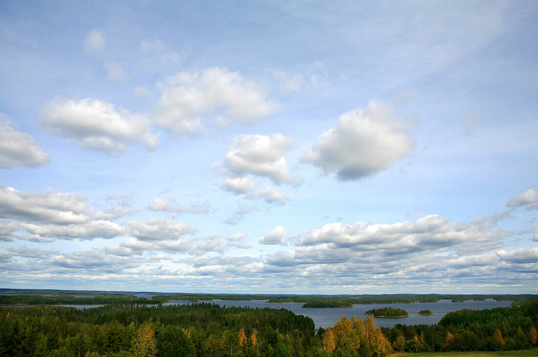View over lake Saimaa under clouded sky, Saimaa Lake District, Finland, Europe