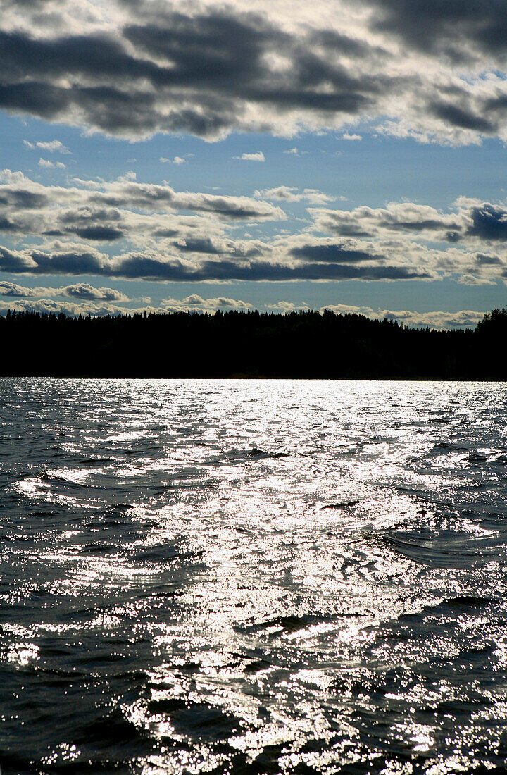 Lake Saimaa reflecting the light of the sun, Saimaa Lake District, Finland, Europe