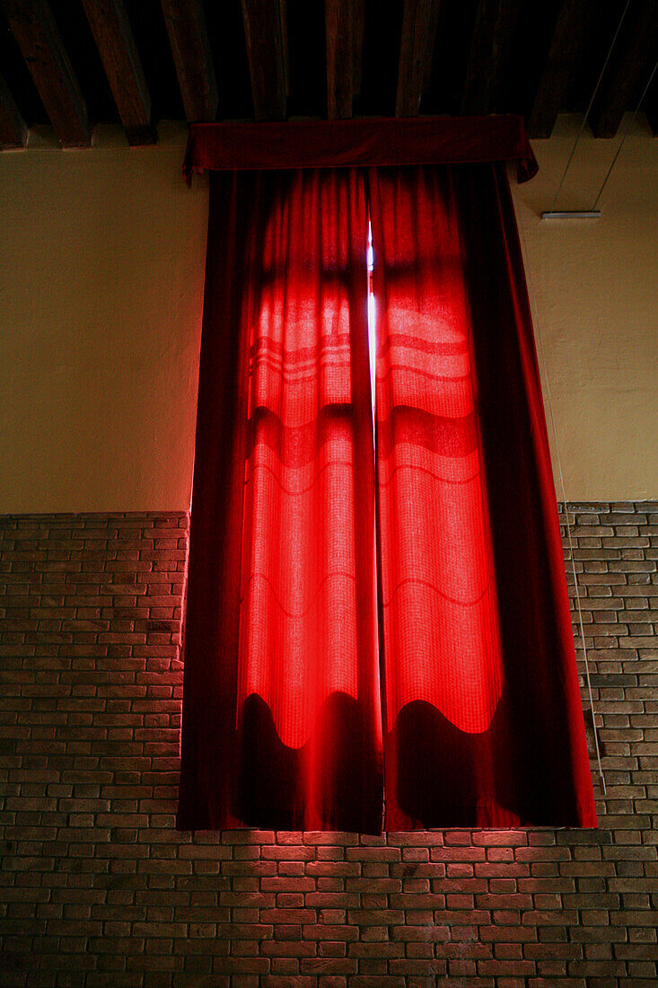 Red curtain in public building, Venice, Italy, Europe