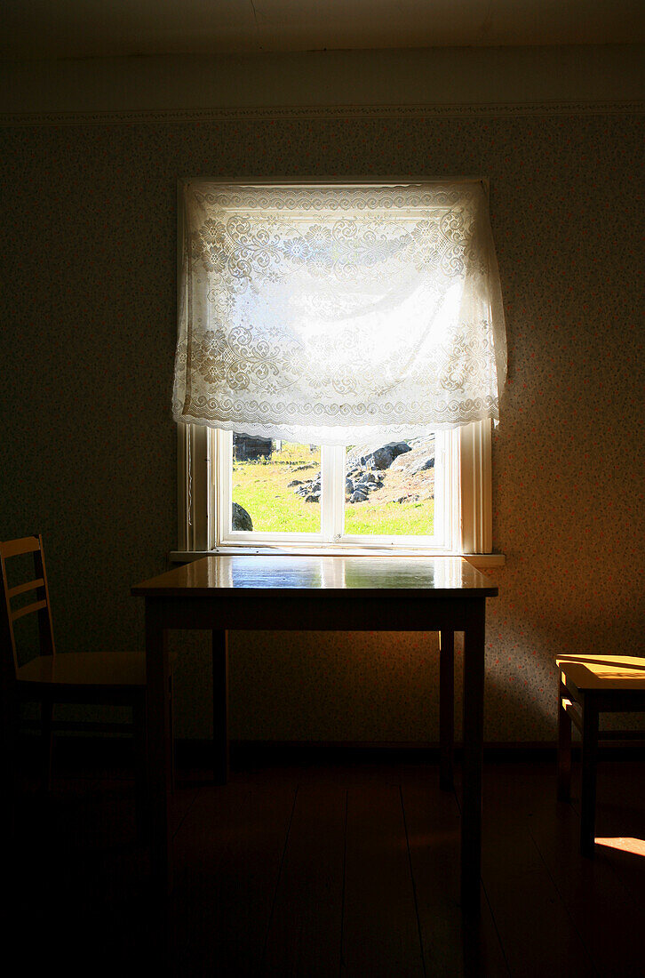 Curtain at the window of a traditional finish farm house, Linnansaari National Park, Saimaa Lake District, Finland, Europe