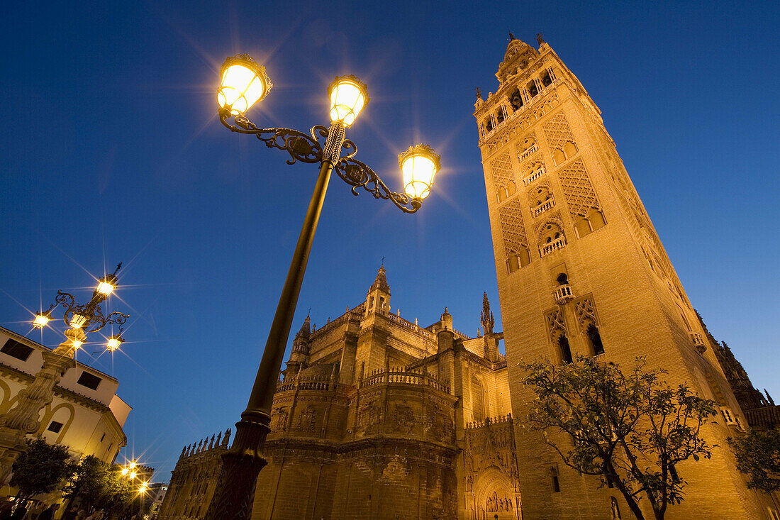 Giralda tower and cathedral at night, Sevillla. Andalucia, Spain.