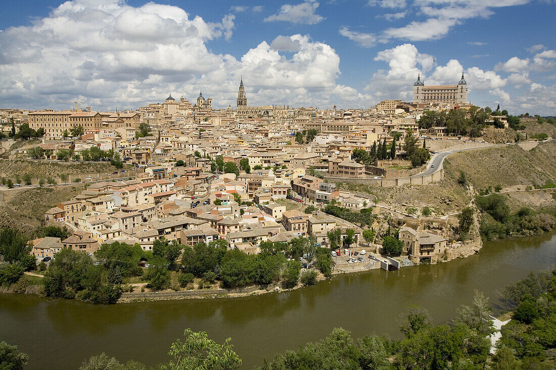 View over Toledo (declared World Heritage city for the UNESCO) and Tajo river, Toledo. Castilla-La Mancha, Spain