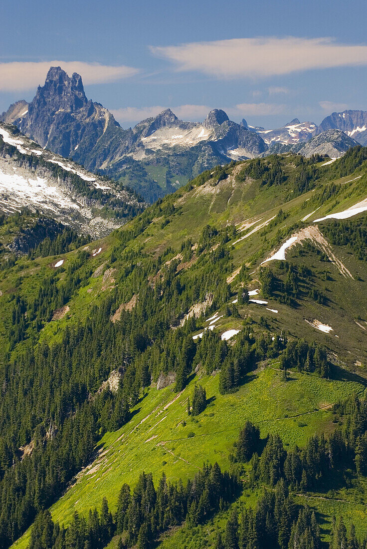 View north to Hannegan Peak and Slesse Peak 2429 meters, 7969 feet, in the distance from summit of Ruth Mountain North Cascades Washington