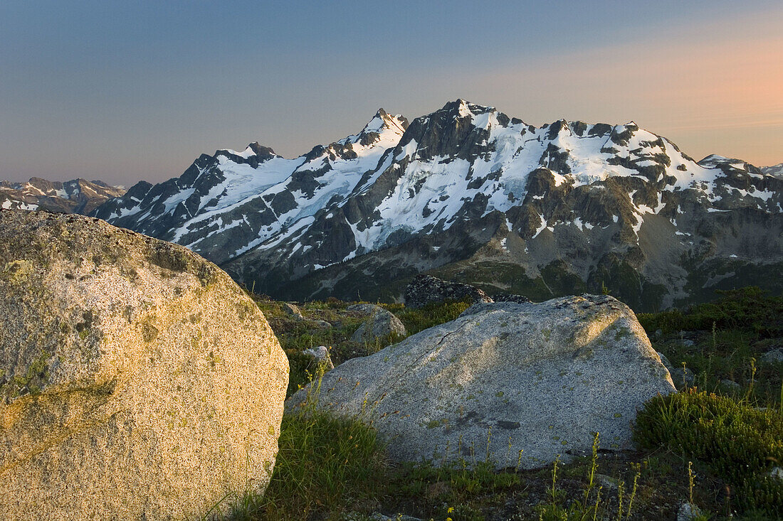 Twilight over Mount Matier left 2783 m -9131 ft and Joffre Peak 2721 m -8927 ft seen from ridge of Mount Rohr British Columbia Canada