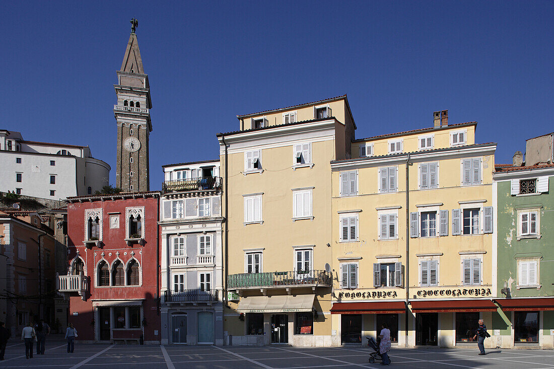 Piran, Tartini Square, italian style, typical houses, St Georges Church, Belfry, Venetian House, Slovenia
