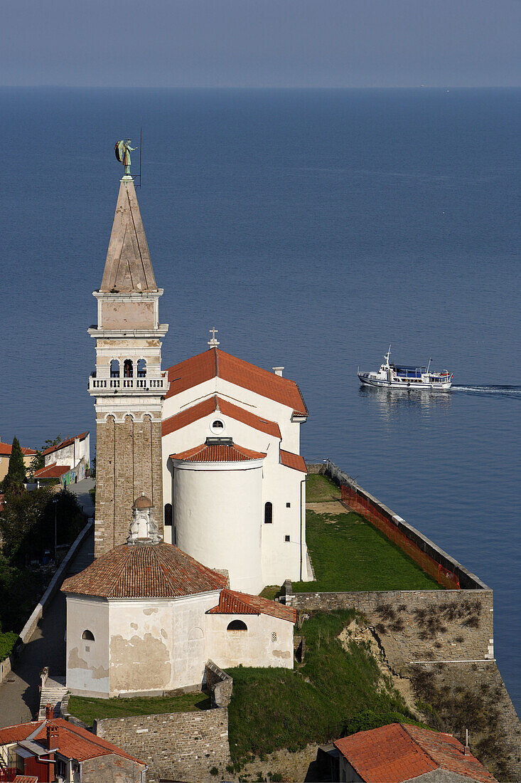 Piran, old town peninsula, italian style, St Georges Church, Belfry, Baptistry, Gulf of Piran, Adriatic sea, Slovenia