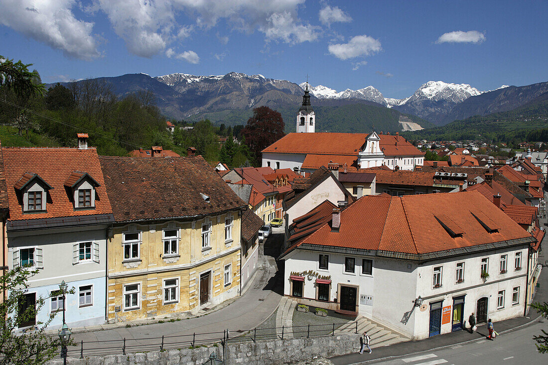 Kamnik, old town houses, Franciscan Monastery, 1495, Church of St Jacob, 15th century, redesigned in Baroque style, Kamniske Savinje Alps, Slovenia