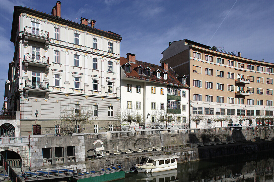 Ljubljana, Ljubljanica river, riverside, typical buildings, Slovenia