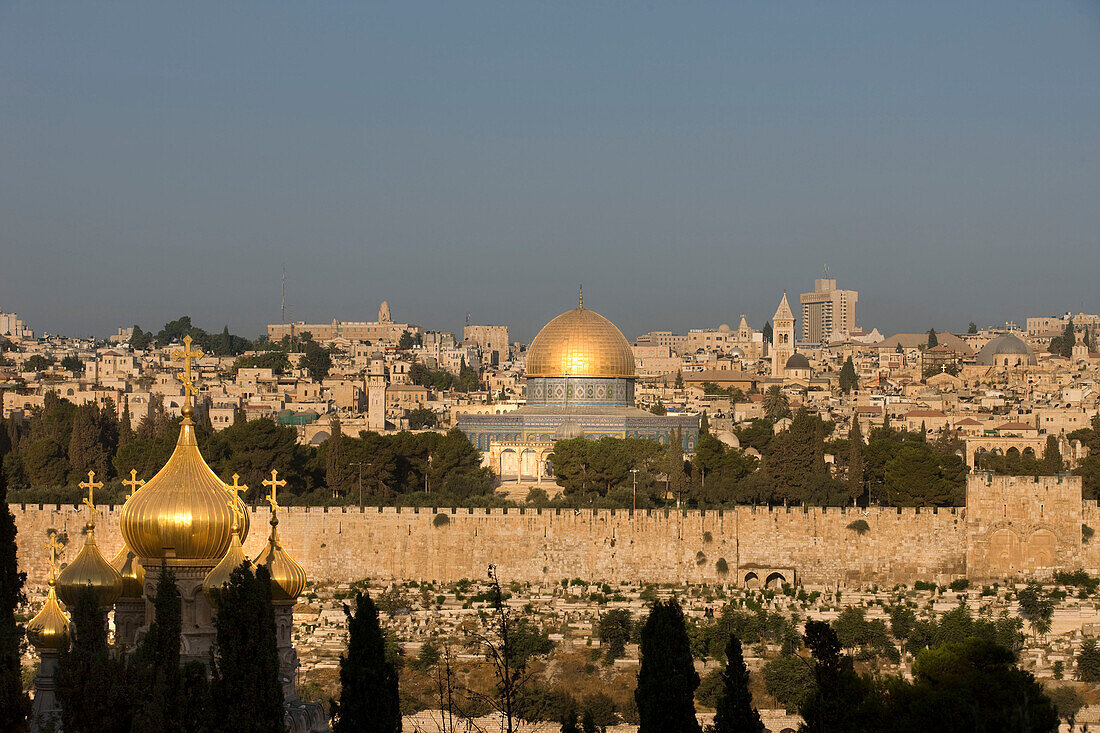 Russian orthodox church domes and dome of the rock temple mount old city jerusalem. Israel.