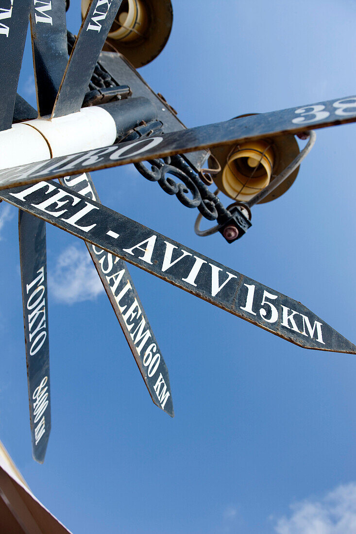 World city direction signpost marina herzlia. Israel.