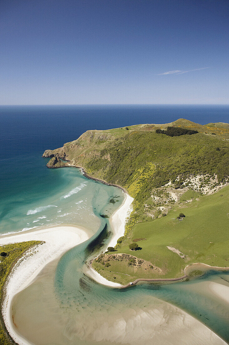 Hoopers Inlet and Allans Beach, Otago Peninsula, Dunedin, South Island, New Zealand - aerial