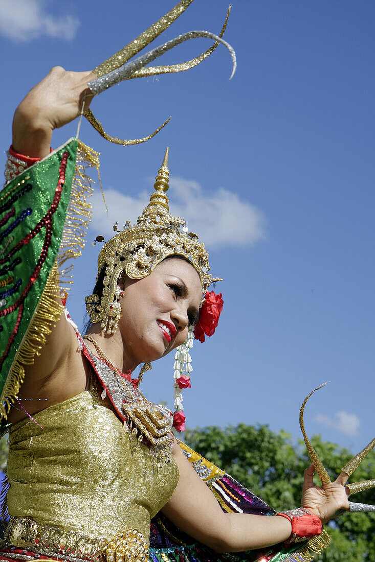 Florida, Homestead, Redlands, Fruit and Spice Park, Asian Culture Festival, Manorah Thai Dancer, Thailand, folk art, gilded crown, embroidery, fingernails, costume, woman, performer