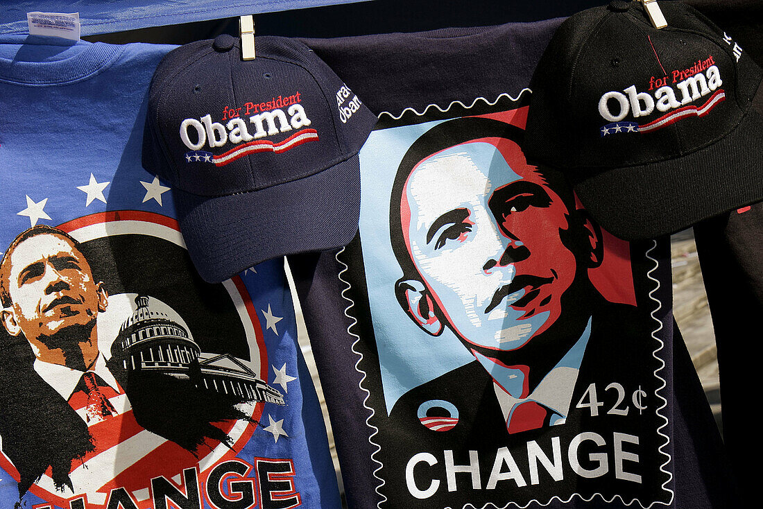 Florida, Miami, Biscayne Boulevard, Bicentennial Park, Early Vote for Change Rally, Barack Obama, presidential candidate, campaign, campaigning, paraphernalia, Black, man, political, logo, caps, printed tee shirt, t-shirt, election