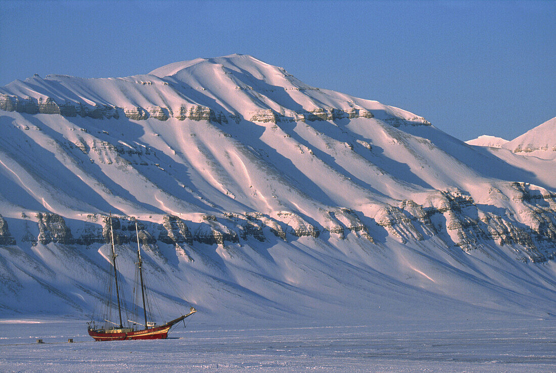 Dutch yacht Nooderlicht frozen in fiord near Longyearbyen Spitsbergen Island Svalbard Norwegian Arctic