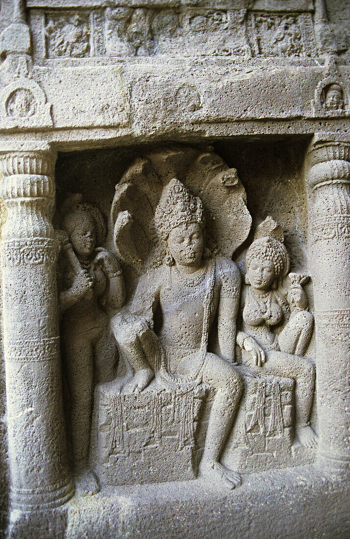 Lord Vishnu sitting astride Shesh Nag at Ellora, Aurangabad, Maharashtra, India Ellora, with its uninterrupted sequence of monuments dating from A.D. 600 to 1000, brings the civilization of ancient India to life.