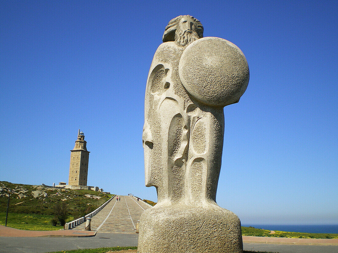 Breogan statue and Hercules tower. A Coruña, Galicia, Spain