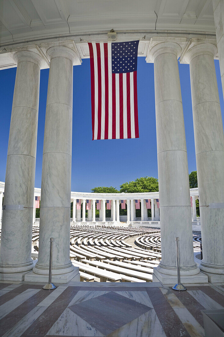 USA, VA, Arlington.  American Flags are hung around the Ampitheater located adjacent to the Tomb of the Unknown Soldier at Arlington National Cemetery.