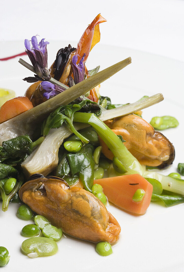 Mussels with vegetables at restaurant A Rexidora by Javier Gonzalez, Bentraces. Orense province, Galicia, Spain