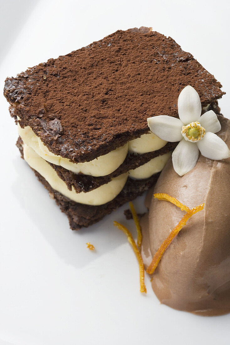 Chocolate and orange mille-feuille with chocolate ice cream at restaurant A Estacion by chefs  Xoan Crujeiras and Beatriz Sotelo, Cambre. La Coruña province, Galicia, Spain
