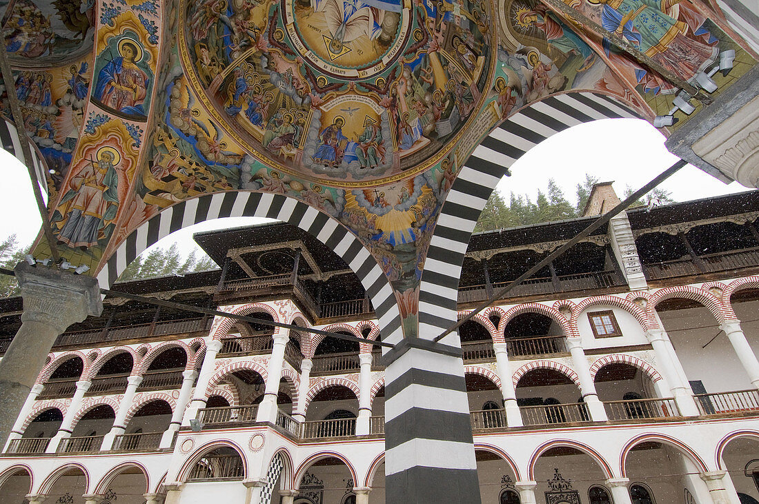 Rila monastery, ceiling frescos of Mary`s Birth Church ans residential building, Bulgaria