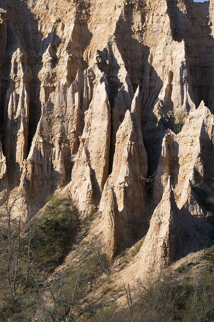 Hoodoo rocks of Melnik, geologic formations of soft sedimentary rocks, arid  landscape, South Bulgaria