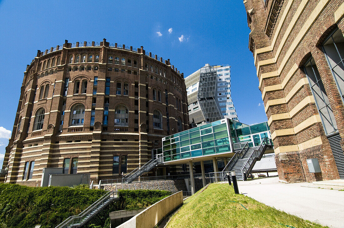 Gasometer City, Gasometer B, former gas tank, restoration as mixed_use buiding, Simmering industrial area, Vienna, Austria