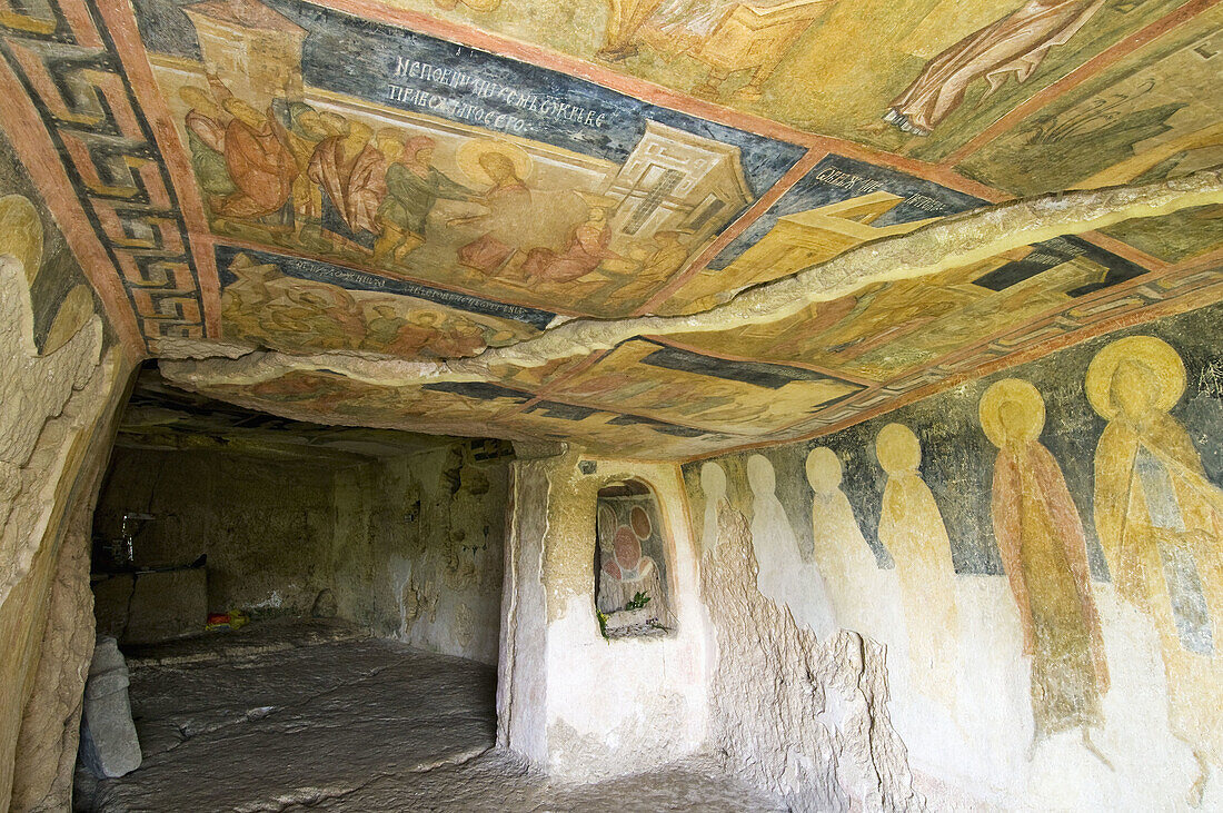 Rock-hewn church of Ivanovo, medieval painting of ceiling and walls, world heritage, nature park of Russenski Lom, Northern Bulgaria