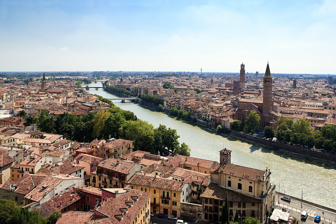 View of Verona. Tower of the Church of Santa Anastasia and Torre dei Lamberti. Italy