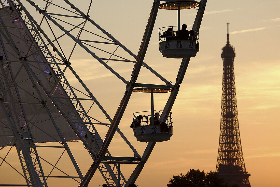 France. Paris. The view of the ferry wheel in Palace de la Concorde with Eiffel Tower in the background after sun set.