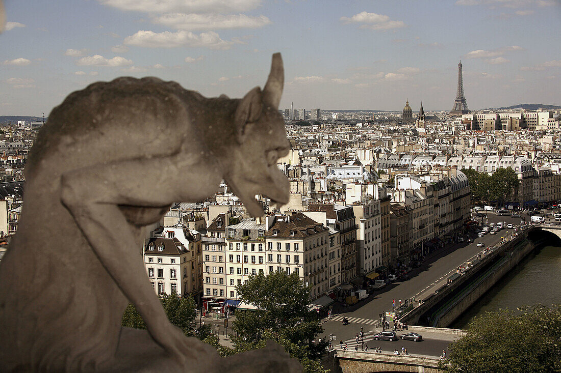 France. Paris. A gargoyle on the Galerie des Chimeres of Notre_Dame Cathedral with the view of city of Paris in the background.