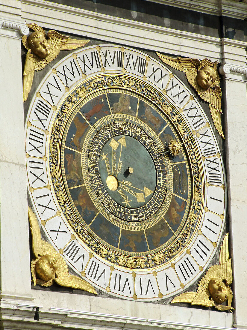 Europe, Italy, Lombardy, Brescia, Clock Tower, detail