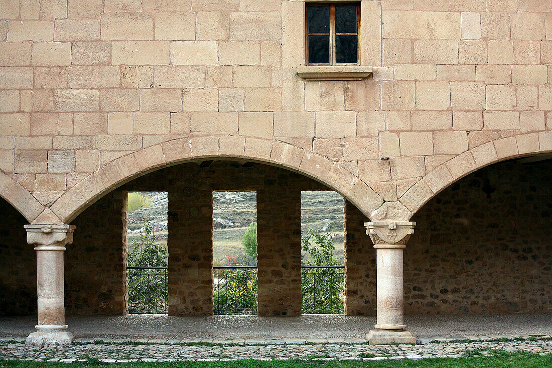 View inside the cloister of a medieval church.