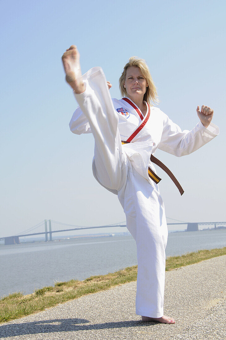woman practice karate routine