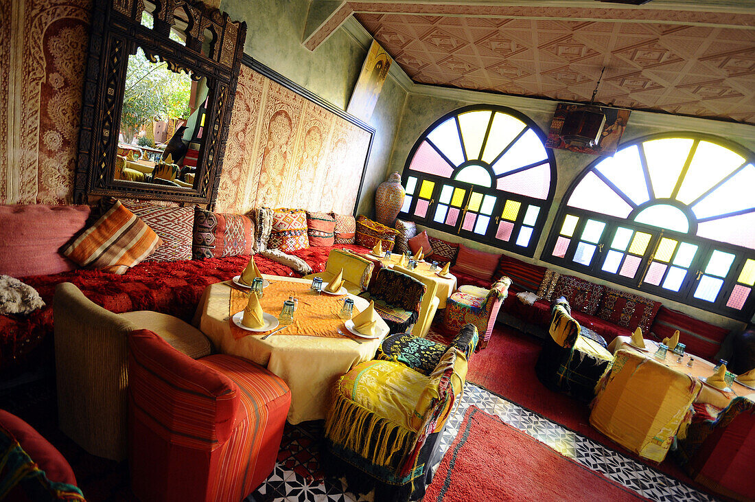 Colourful dining area at Hotel Asmaa, Zagora, Draa valley, South Morocco, Morocco, Africa