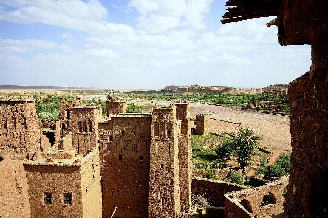 View at the Kasbah Ait-Benhaddou under clouded sky, South Morocco, Morocco, Africa