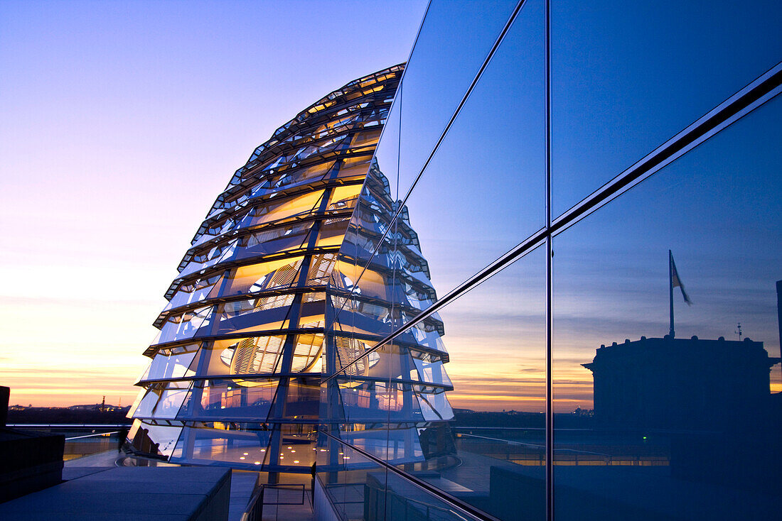 Reichstag buidling roof terasse cupola by Sir Norman forster at twilight , Berlin, Germany, Europe