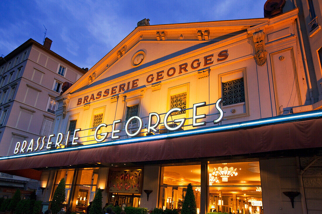 Brasserie Georges outdoor at twilight , Lyon, Rhone Alps,  France