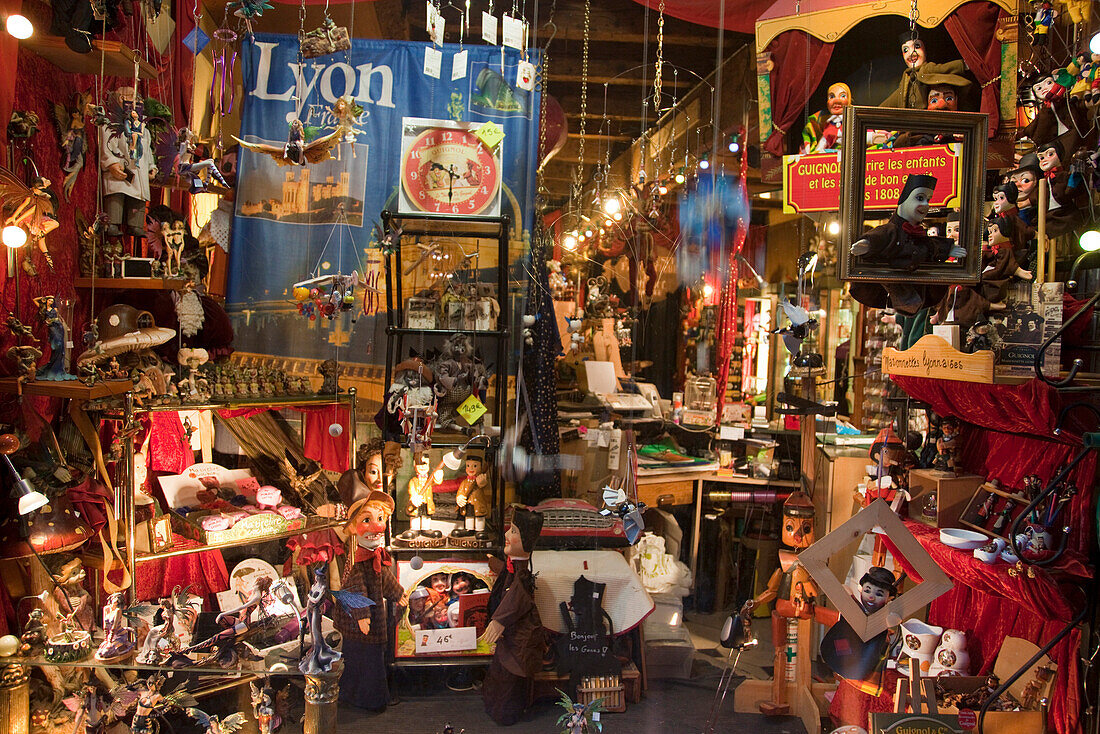 Shop for local handicraft, wooden puppets, Vieux Lyon, Rhone Alps,  France