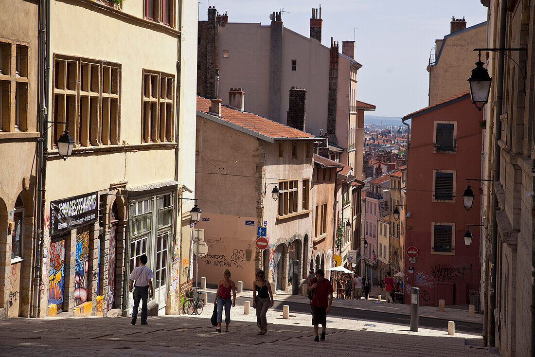 Pentes de la Croix Rousse , Gasse mit steilen Treppen,   Lyon, Region Rhone Alps, Frankreich