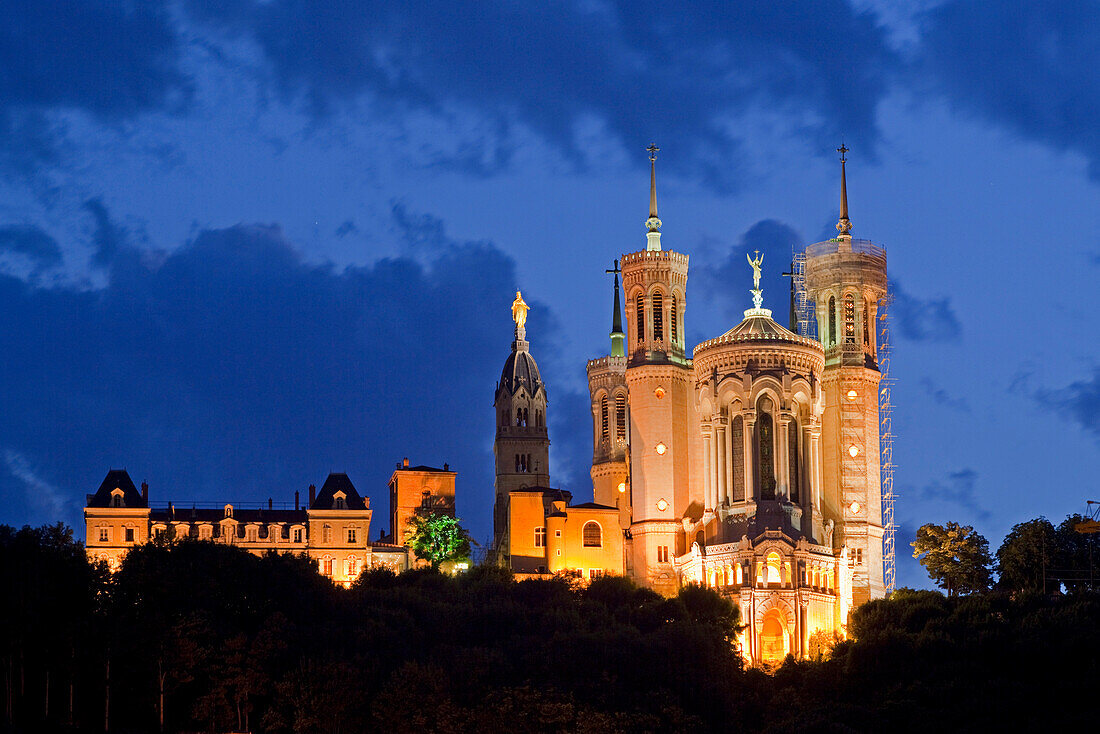 Notre Dame de Fourviere at twilight,  Lyon, Rhone Alps,  France
