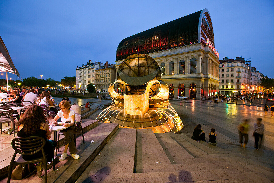 Opera of Lyon redesigned  by architect Jean Nouvel  1985 til 1993, Street cafe, fountain,  Lyon, Rhone Alps,  France