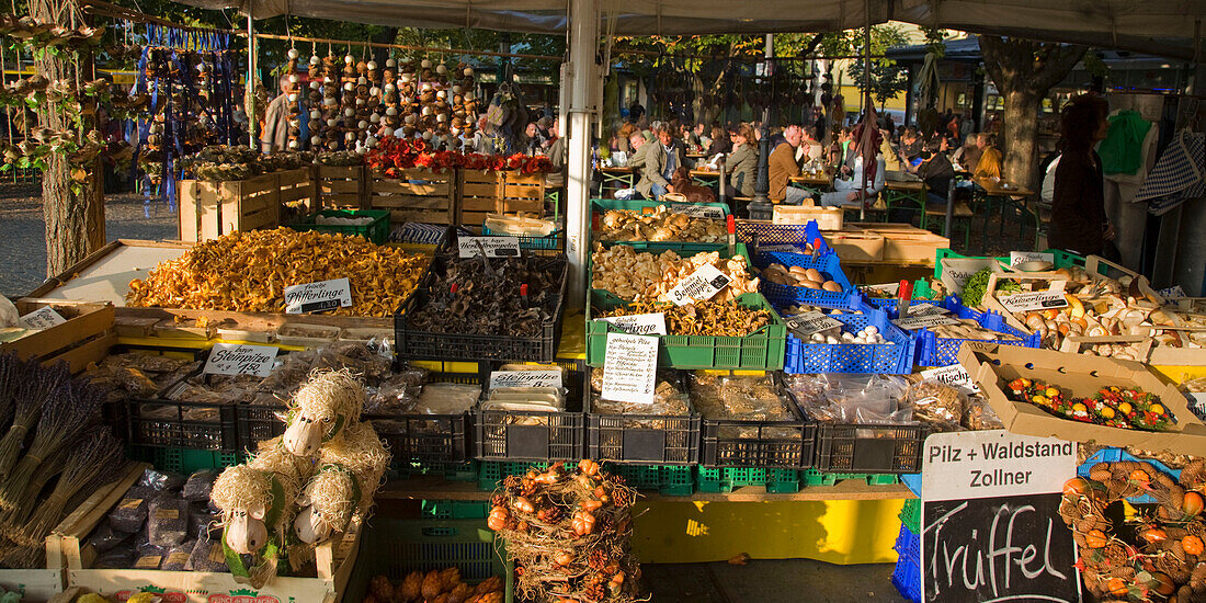 Viktualienmarkt in  Munich ,truffle, funghi, background beer garden,  Germany