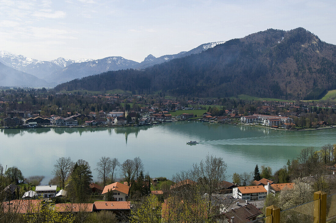 View over lake Tegernsee from Hotel Leberghof, view of Rottach-Egern, Upper Bavaria, Bavaria, Germany