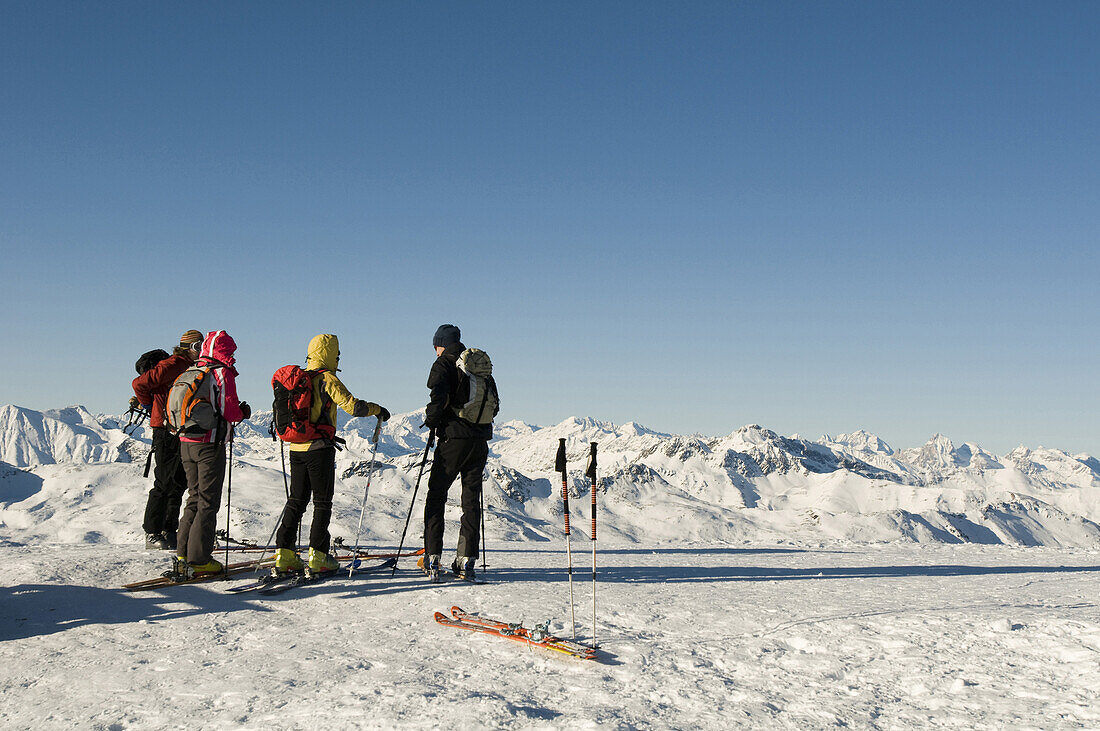 Alpine ski touring group, back country skiing equipment, Reinswald Skiing area, Sarn valley, South Tyrol, Italy