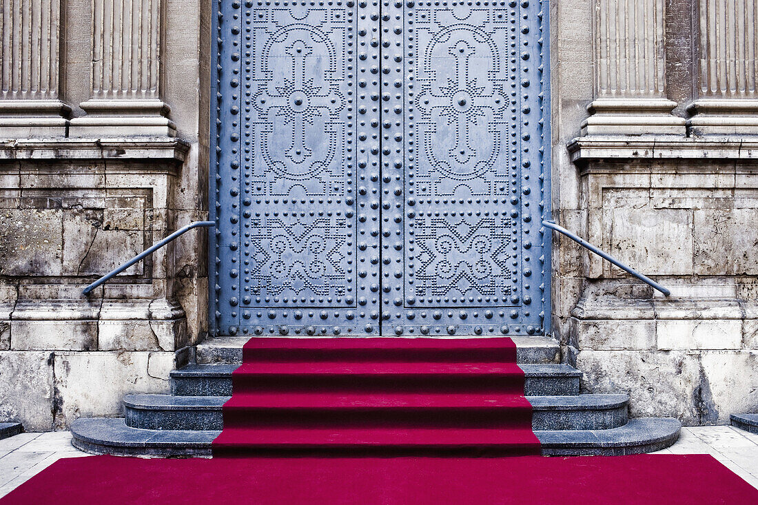 Ceremonies, Ceremony, Church, Churches, Closed, Color, Colour, Concept, Concepts, Daytime, Decorated, elegance, elegant, Entrance, Entrances, Entries, Entry, exterior, Ornate, outdoor, outdoors, outside, red carpet, Step, Steps, D56-720922, agefotostock