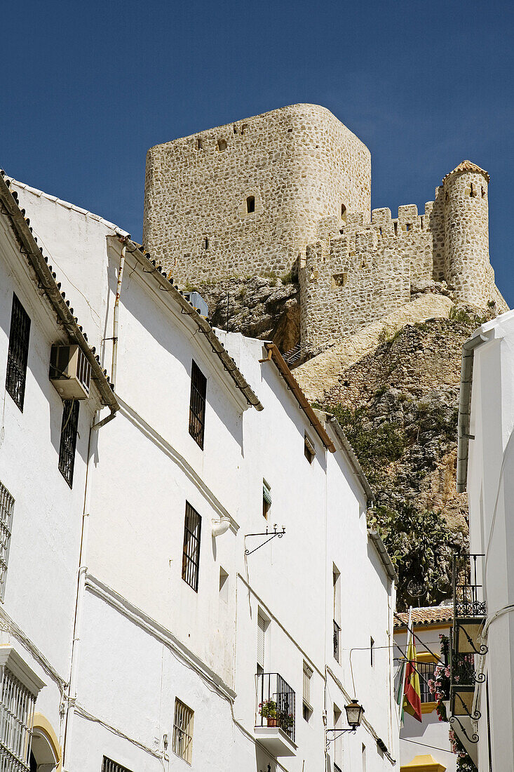 Street and Arab castle, Olvera. Pueblos Blancos (white towns), Cadiz province, Andalucia, Spain
