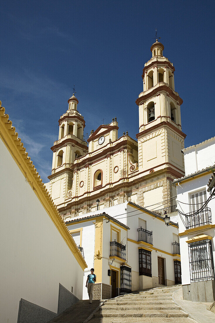 Street and church of Nuestra Señora de la Encarnacion, Olvera. Pueblos Blancos (white towns), Cadiz province, Andalucia, Spain